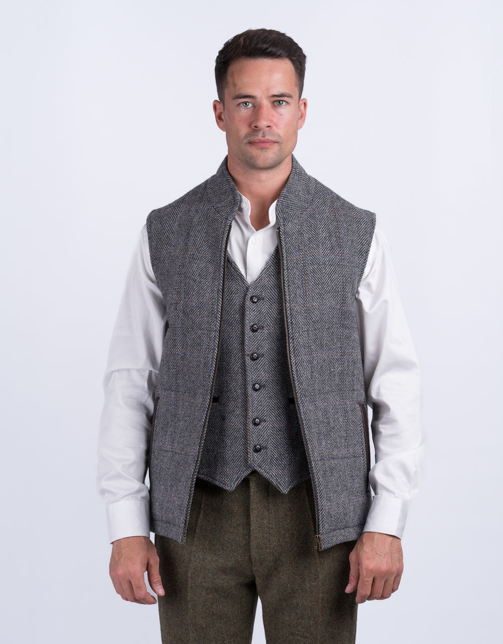 Grey Hunting Tweed Bodywarmer with Leather Trims