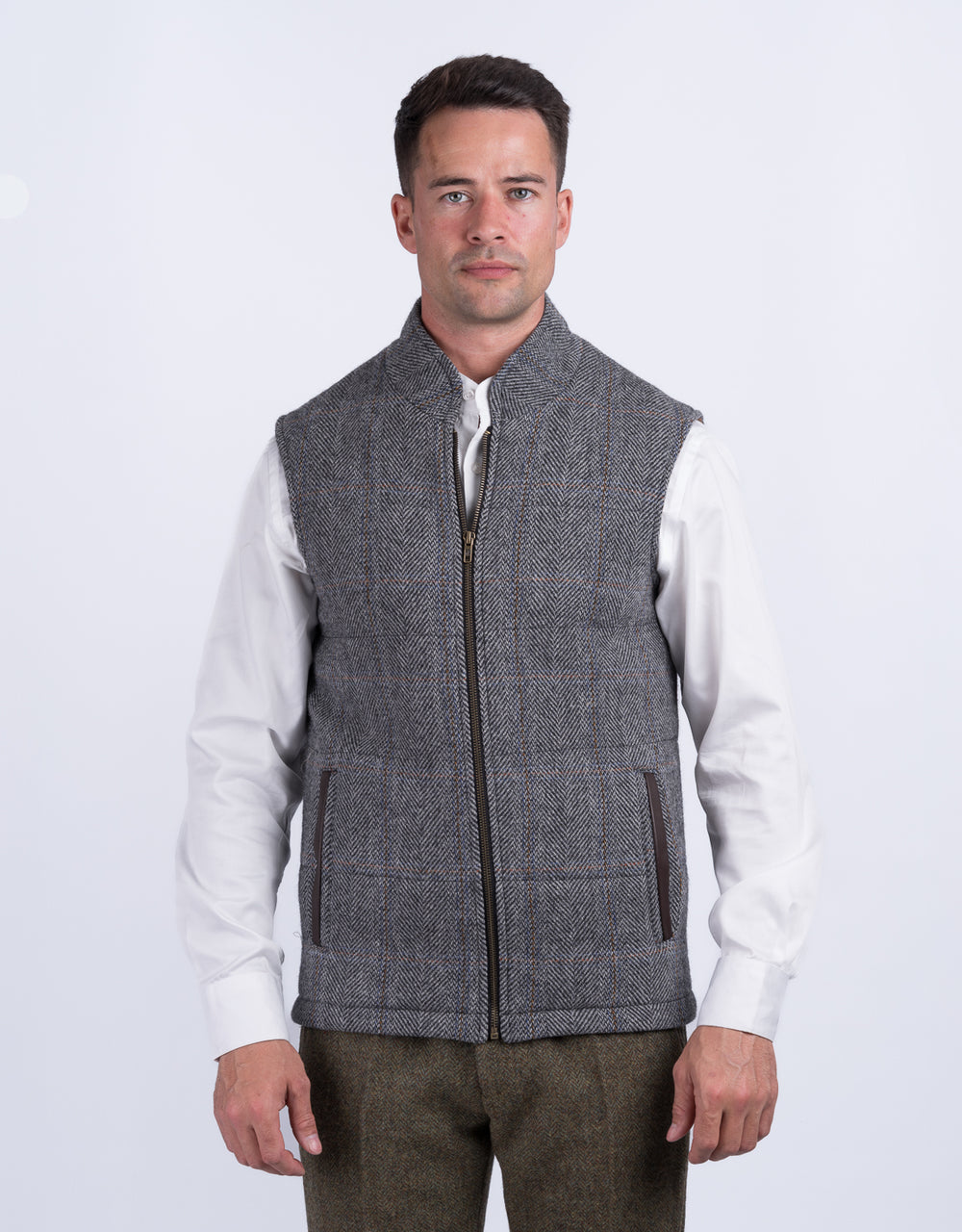 Grey Hunting Tweed Bodywarmer with Leather Trims