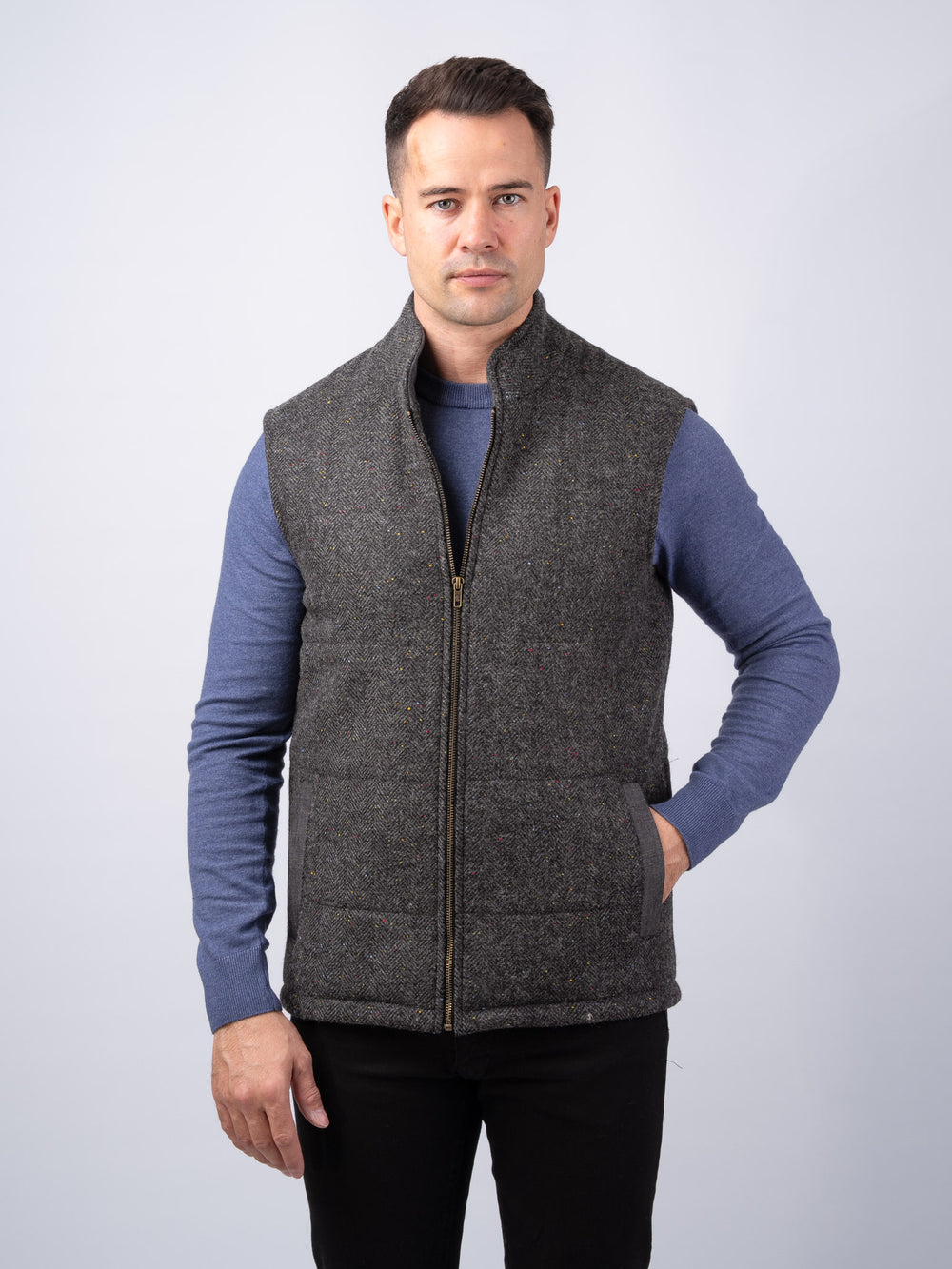 Smoke Herringbone Tweed Bodywarmer With Linen Trim