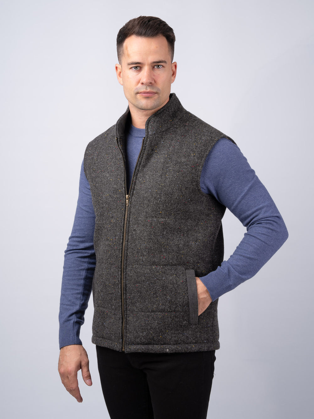 Smoke Herringbone Tweed Bodywarmer With Linen Trim