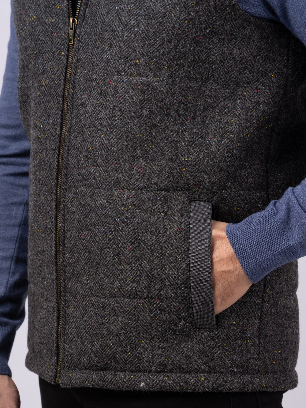 Smoke Herringbone Tweed Bodywarmer With Linen Trim — Available to Preorder Now
