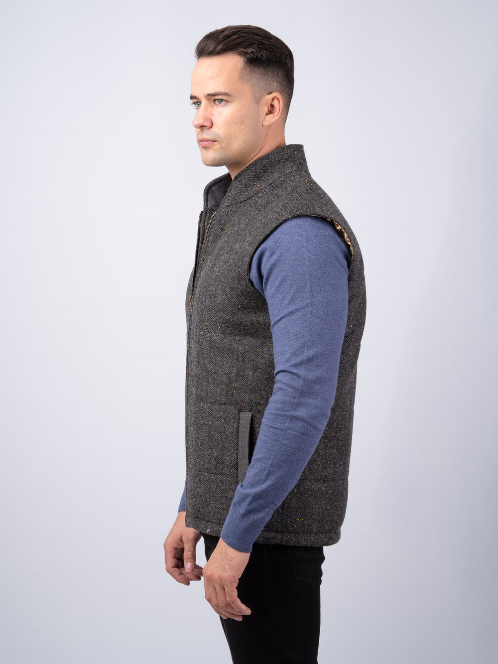 Smoke Herringbone Tweed Bodywarmer With Linen Trim — Available to Preorder Now