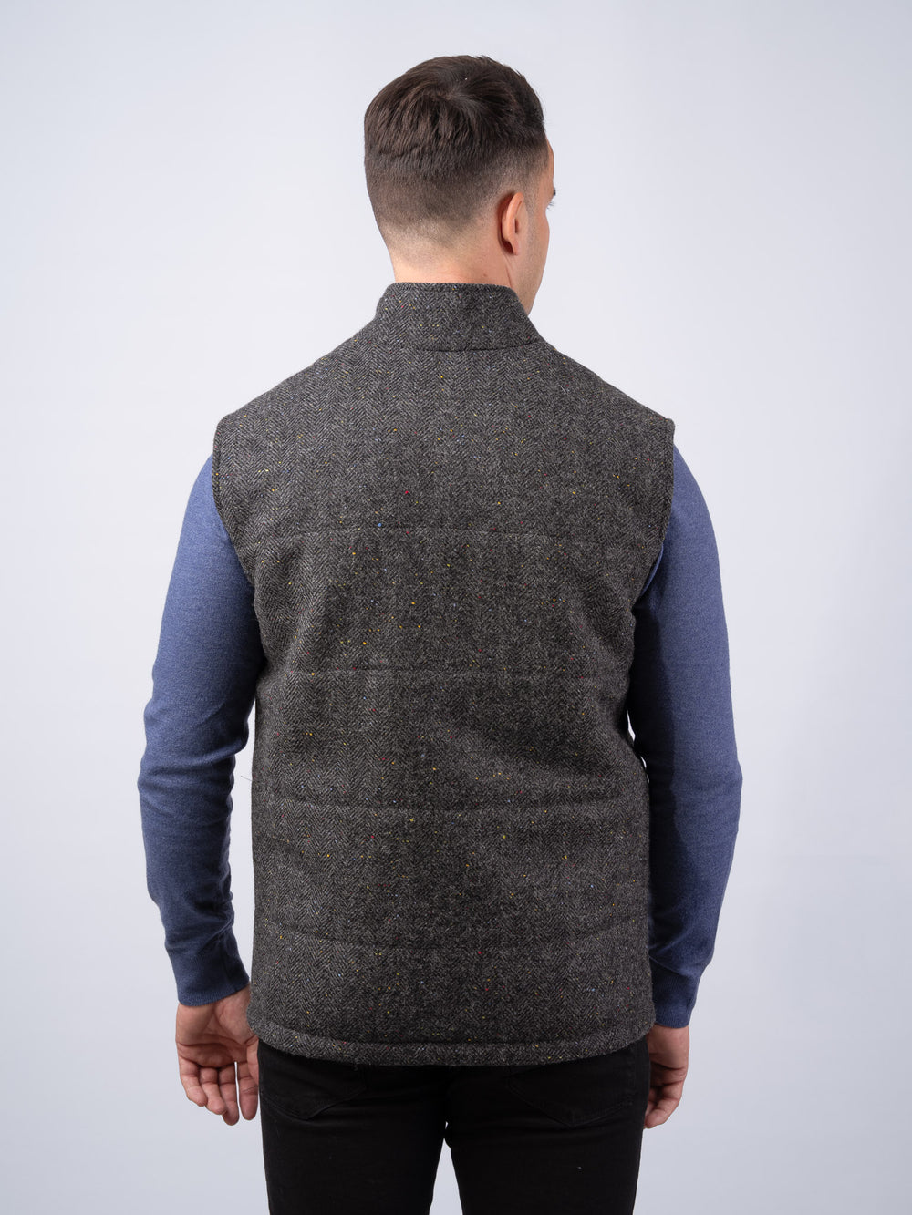 Smoke Herringbone Tweed Bodywarmer With Leather Trim
