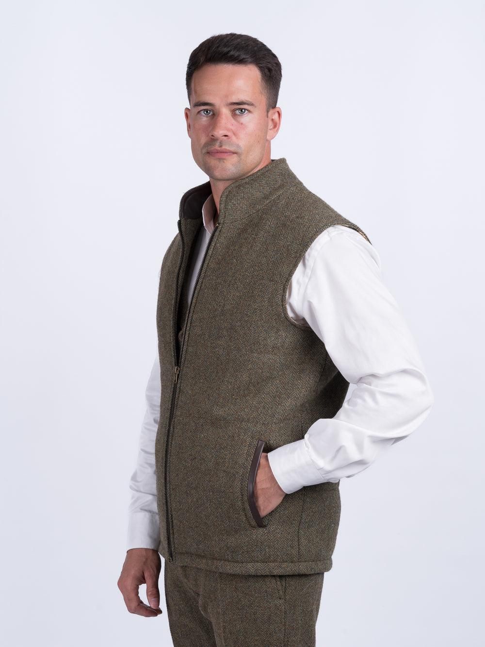 Moss Green Tweed Bodywarmer with Leather Trims