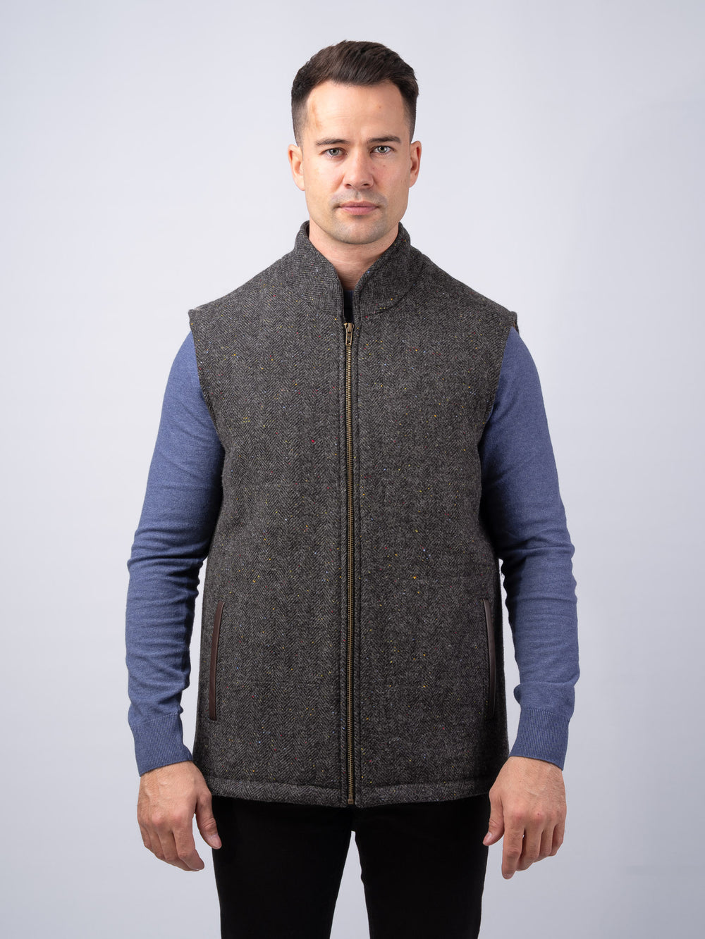 Smoke Herringbone Tweed Bodywarmer With Leather Trim