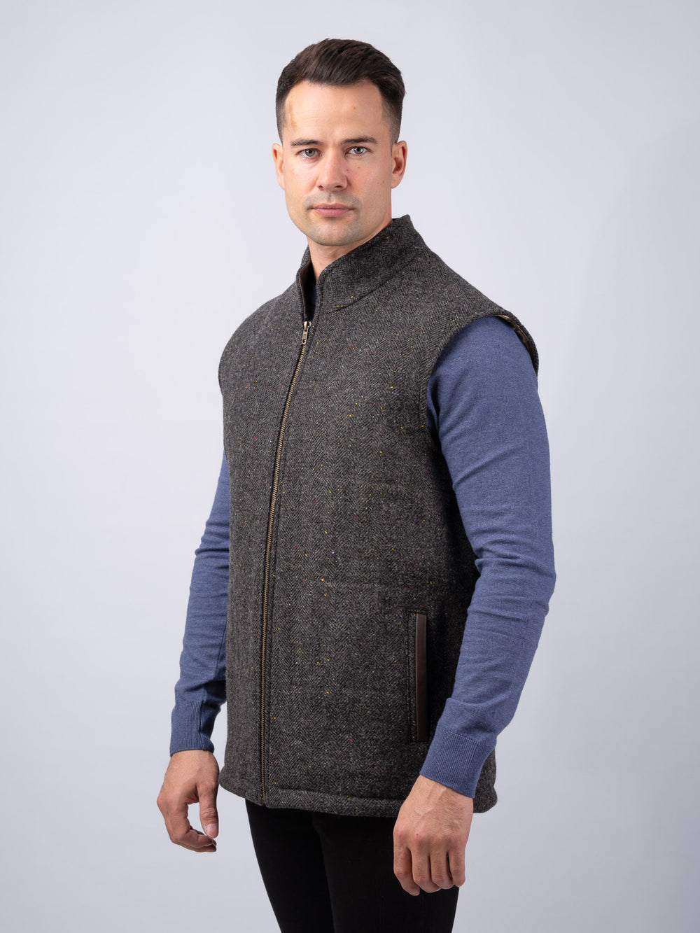 Smoke Herringbone Tweed Bodywarmer With Leather Trim