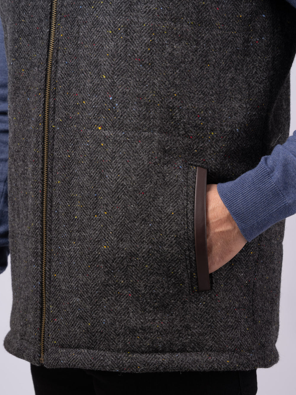 Smoke Herringbone Tweed Bodywarmer With Leather Trim