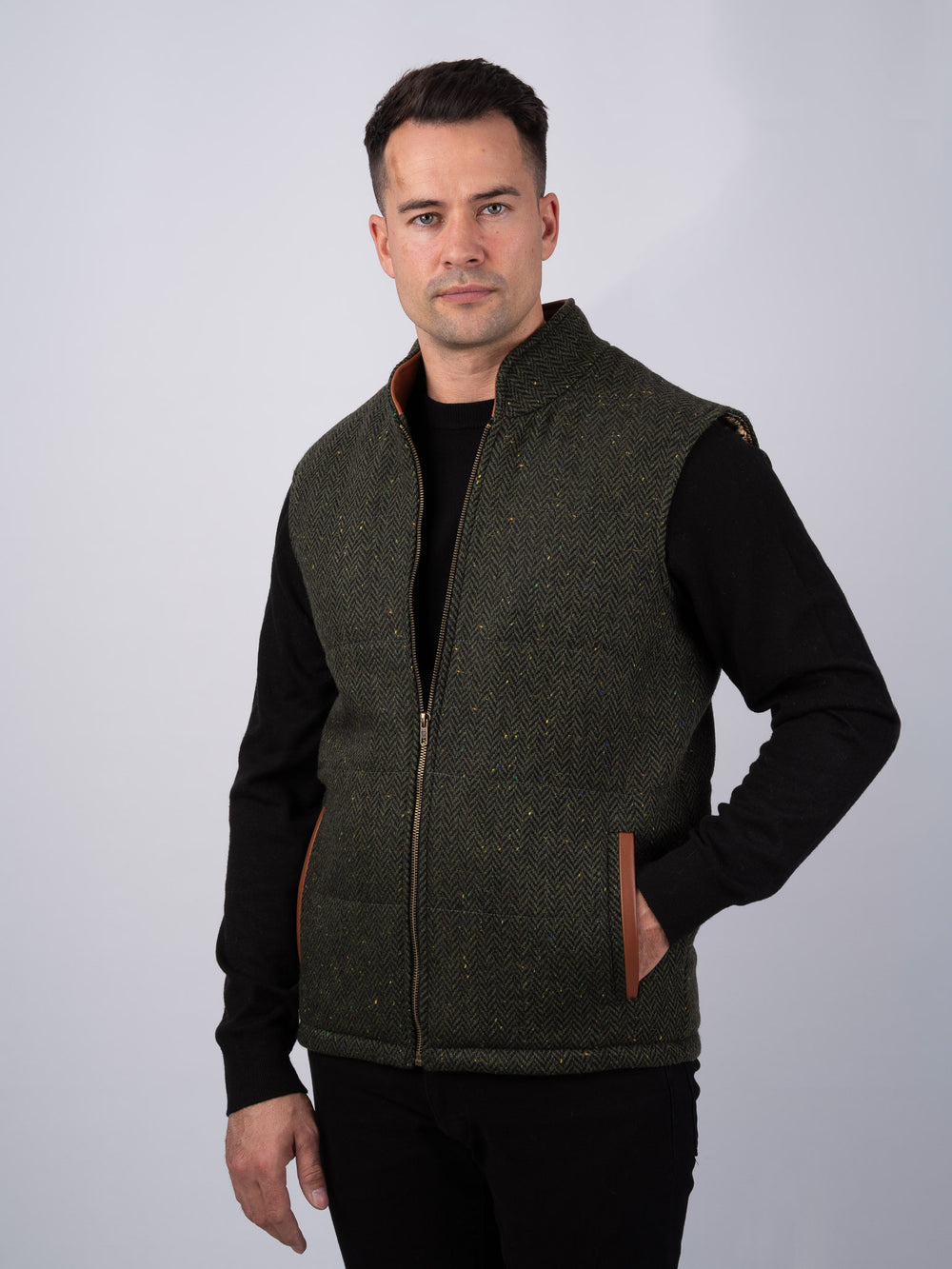 Green Tweed Bodywarmer with Leather Trims