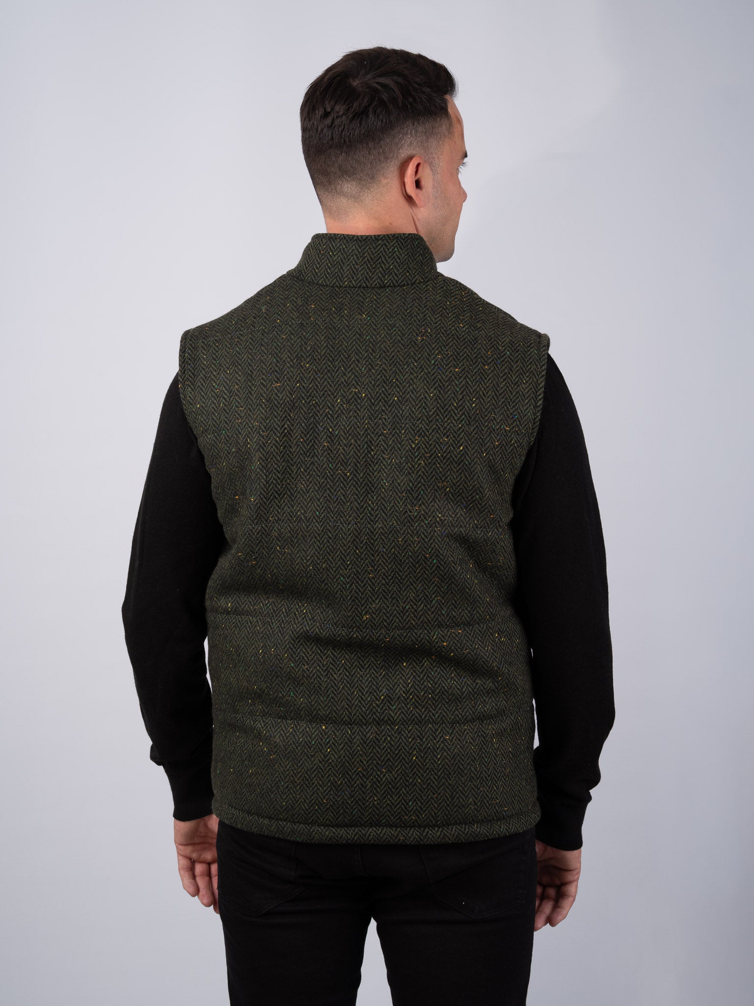 Men's Green Herringbone Tweed Gilet with Leather Trims - Stylish