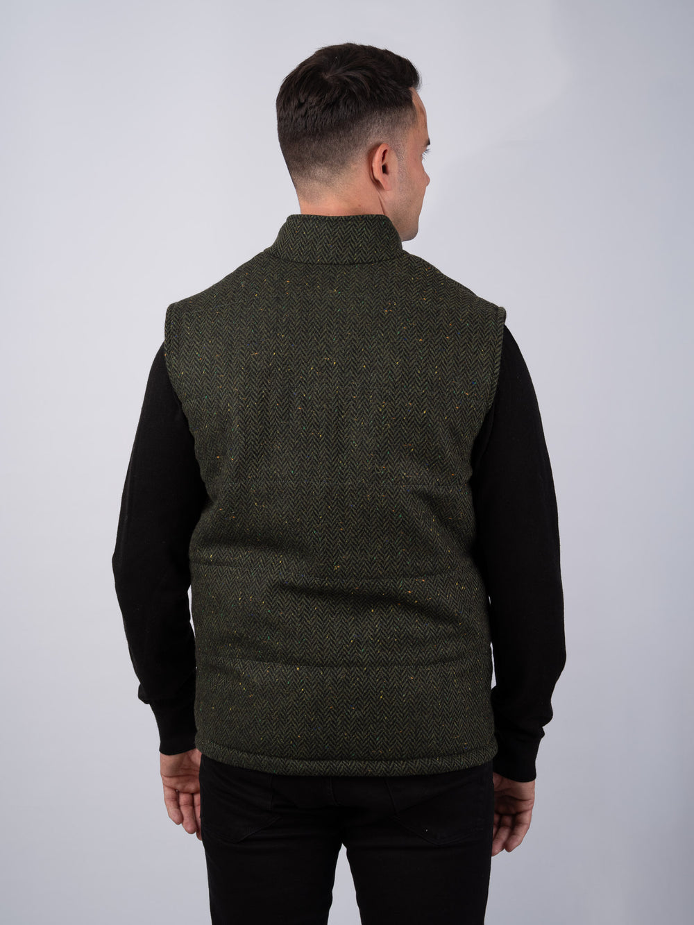 Grüner Tweed-Bodywarmer mit Lederbesatz