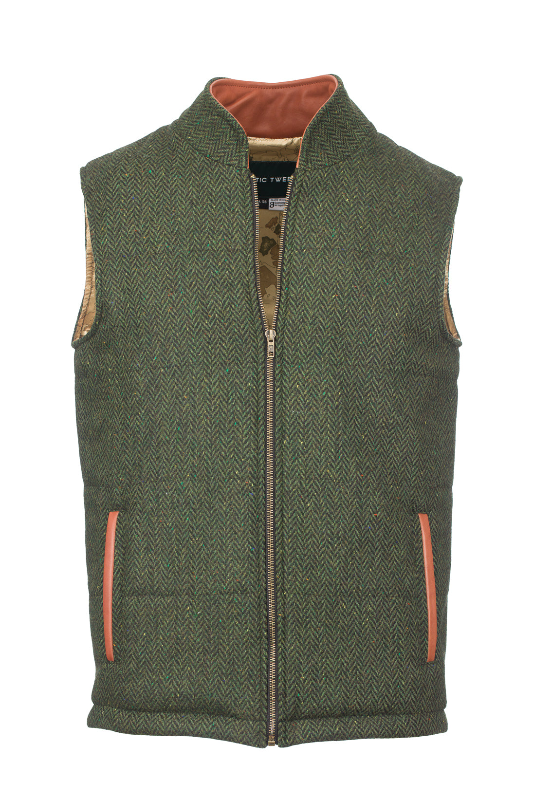 Men's Green Herringbone Tweed Gilet with Leather Trims - Stylish