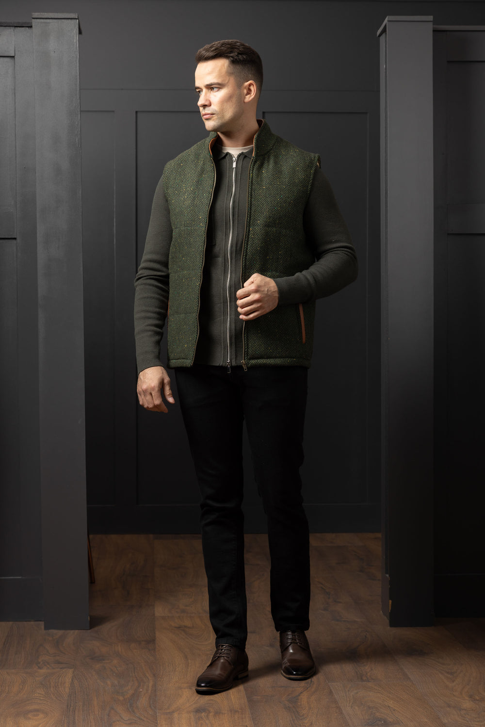 Green Tweed Bodywarmer with Leather Trims