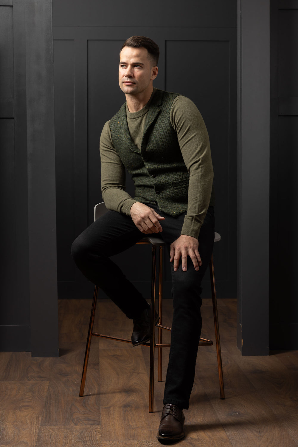 Pearse Green Herringbone Tweed Wool Waistcoat & Vest