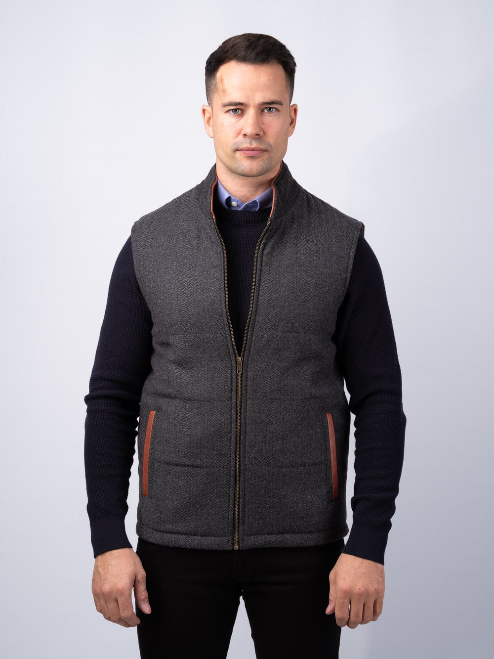 Grey Herringbone Tweed Bodywarmer with Leather Trims