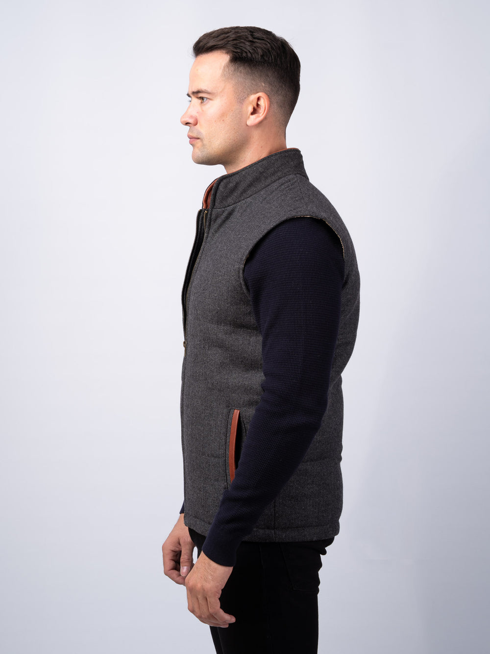 Grey Herringbone Tweed Bodywarmer with Leather Trims