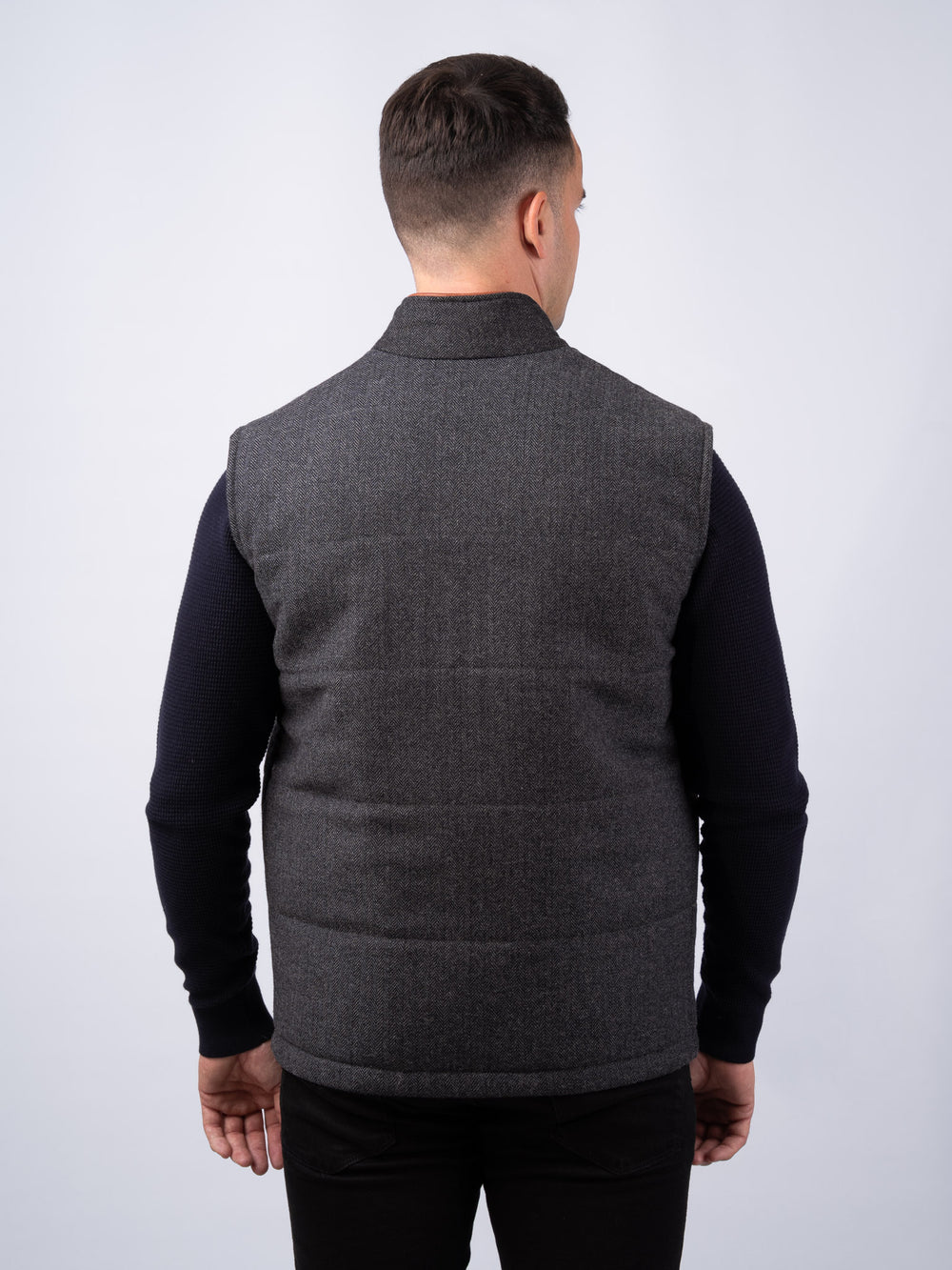 Grey Herringbone Tweed Bodywarmer with Leather Trims