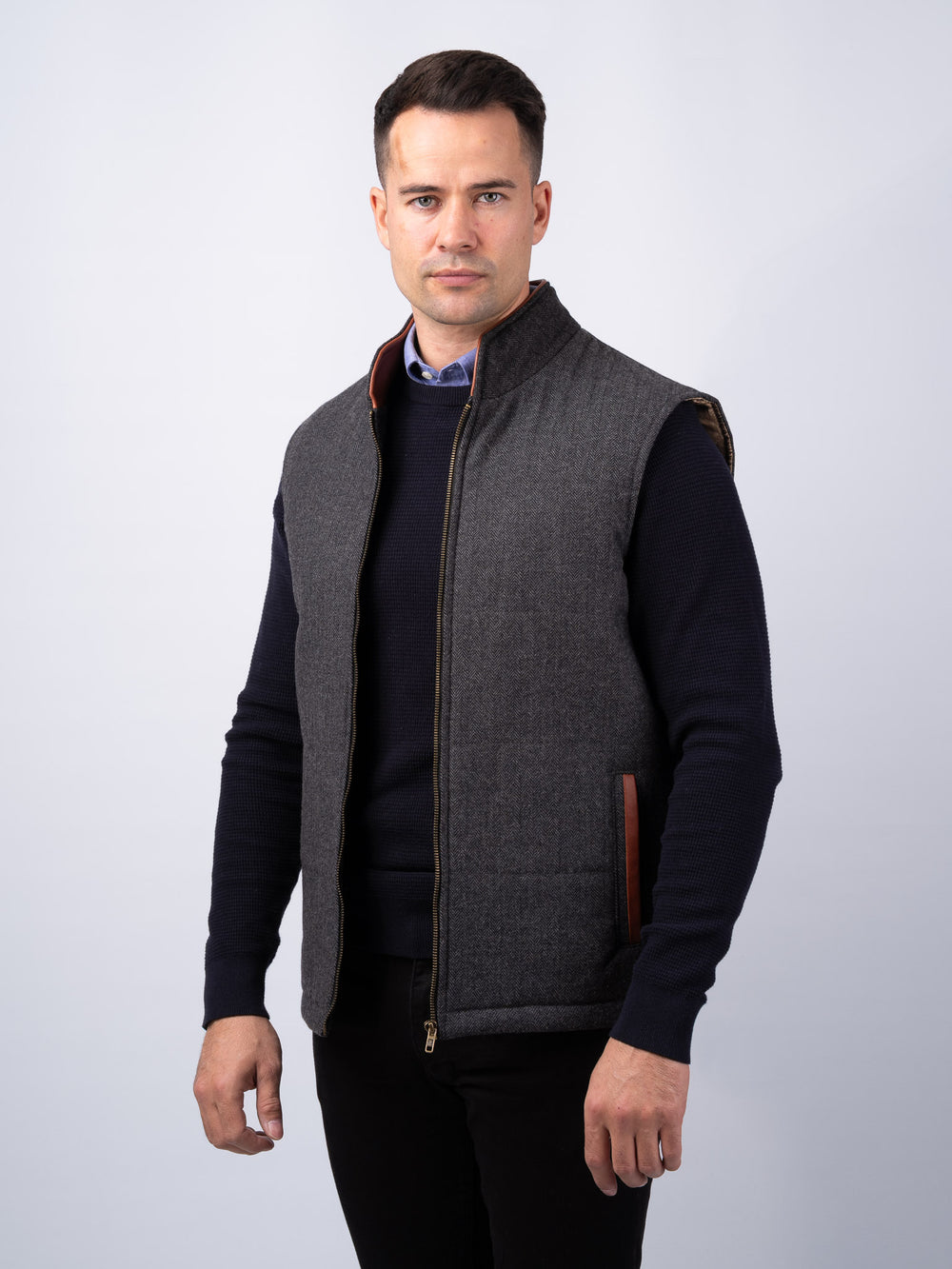 Grey Herringbone Tweed Bodywarmer with Leather Trims
