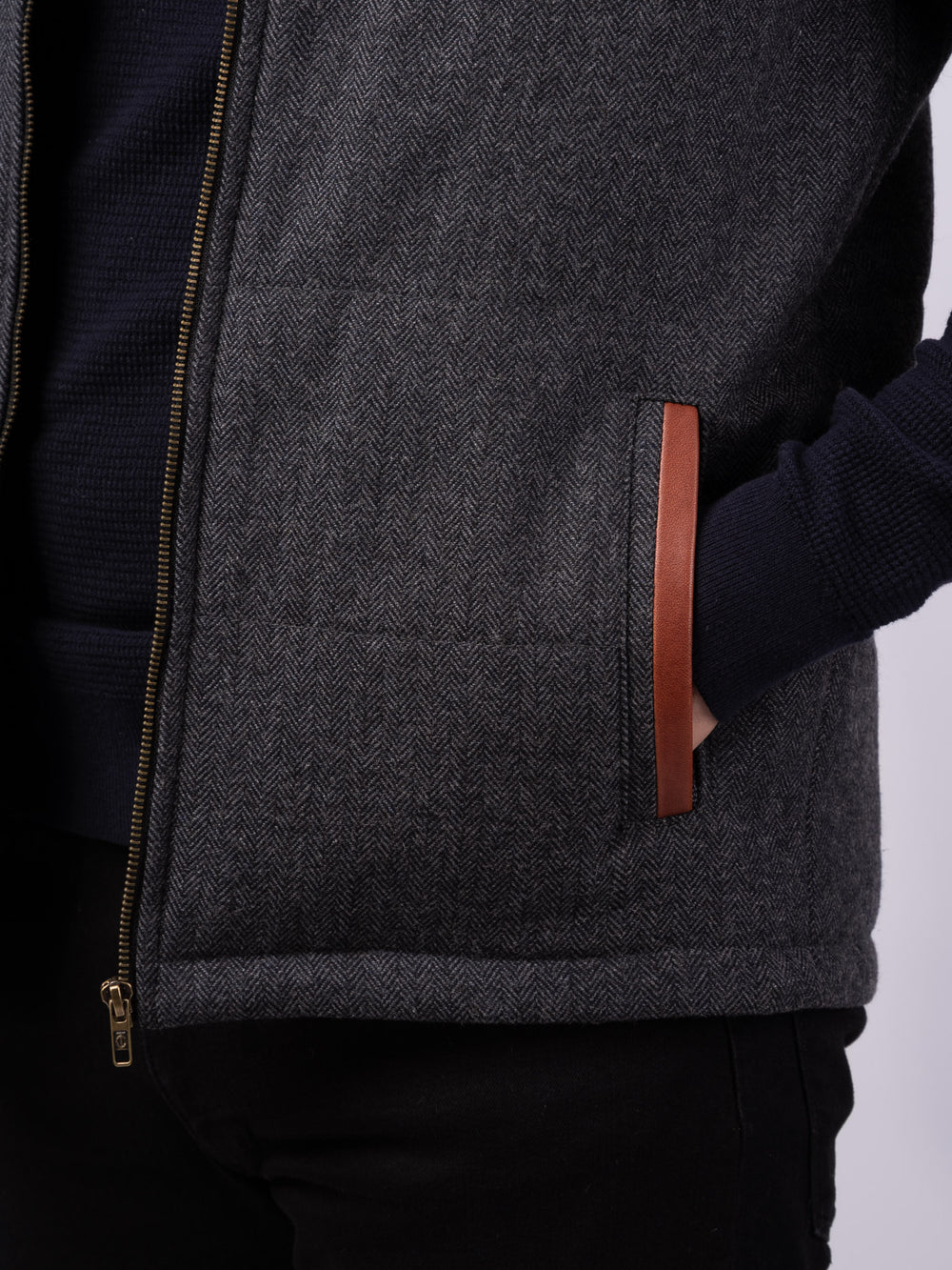 Grey Herringbone Tweed Bodywarmer with Leather Trims