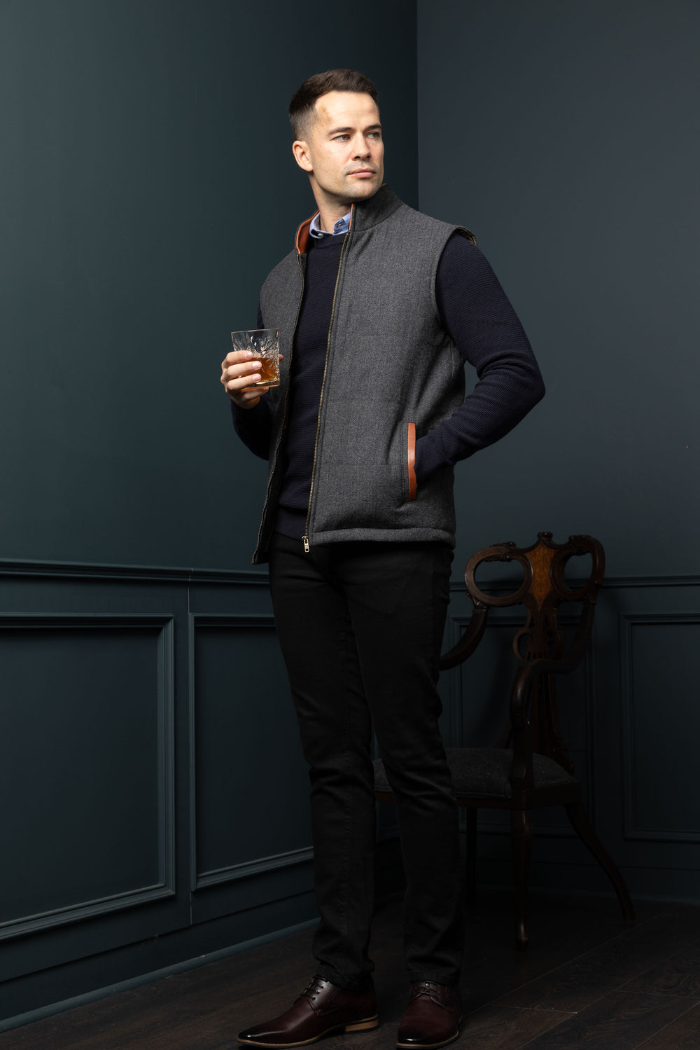 Grey Herringbone Tweed Bodywarmer with Leather Trims