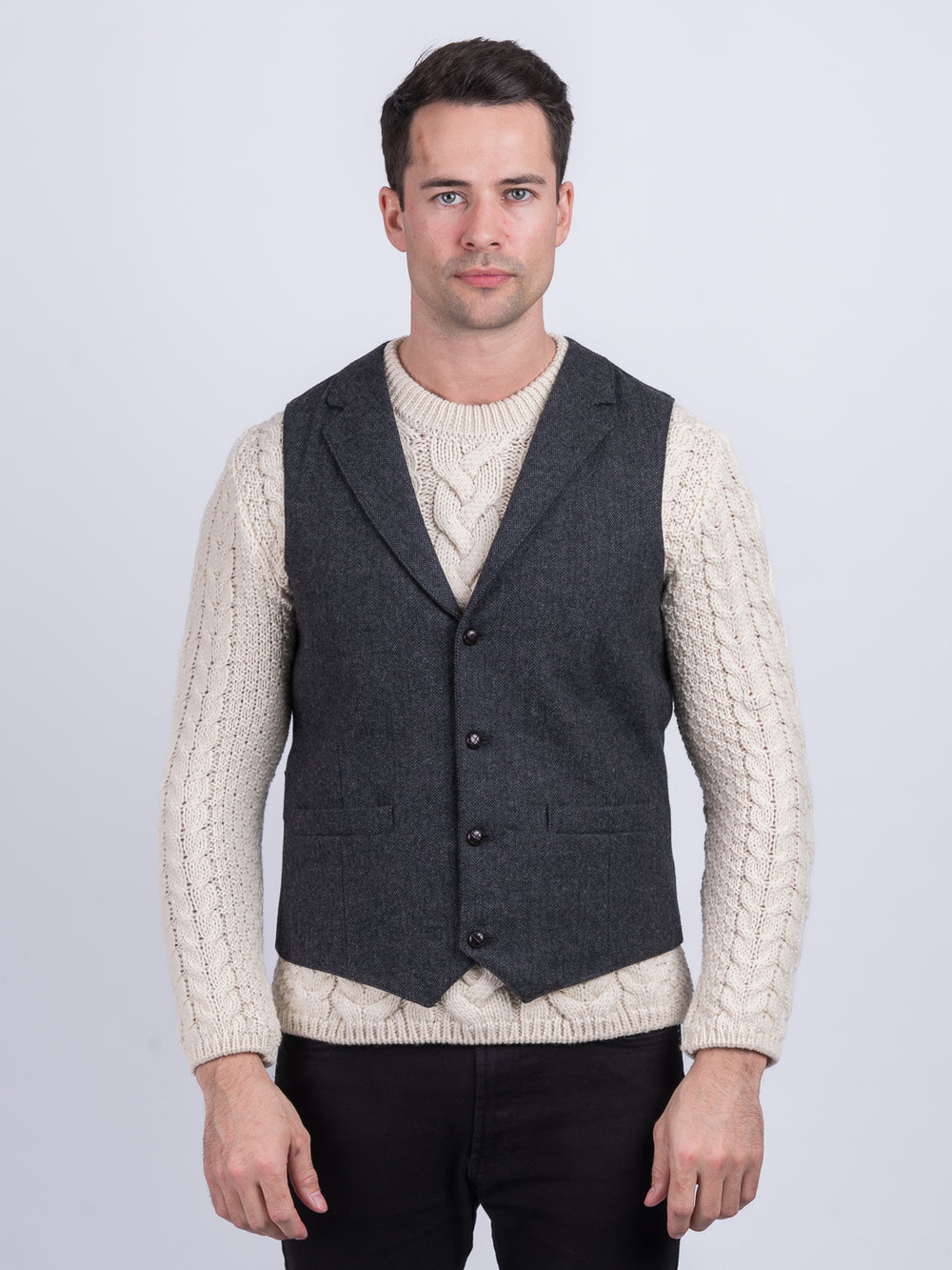 Behan Grey Herringbone Tweed Waistcoat & Vest with Revere