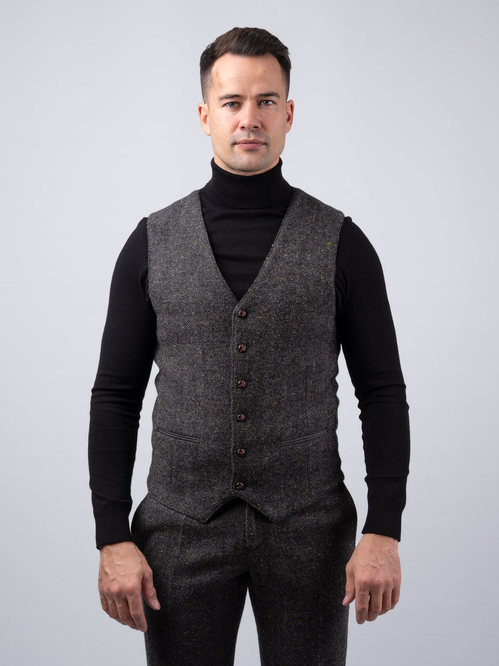 Smoke Grey Herringbone Tweed Waistcoat & Vest With Linen Back