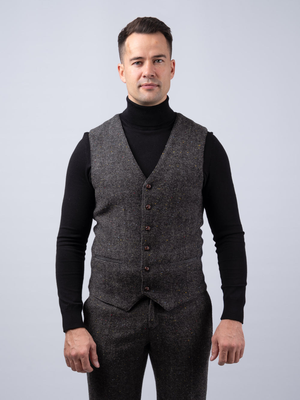 Smoke Grey Herringbone Tweed Waistcoat & Vest with Linen Trim