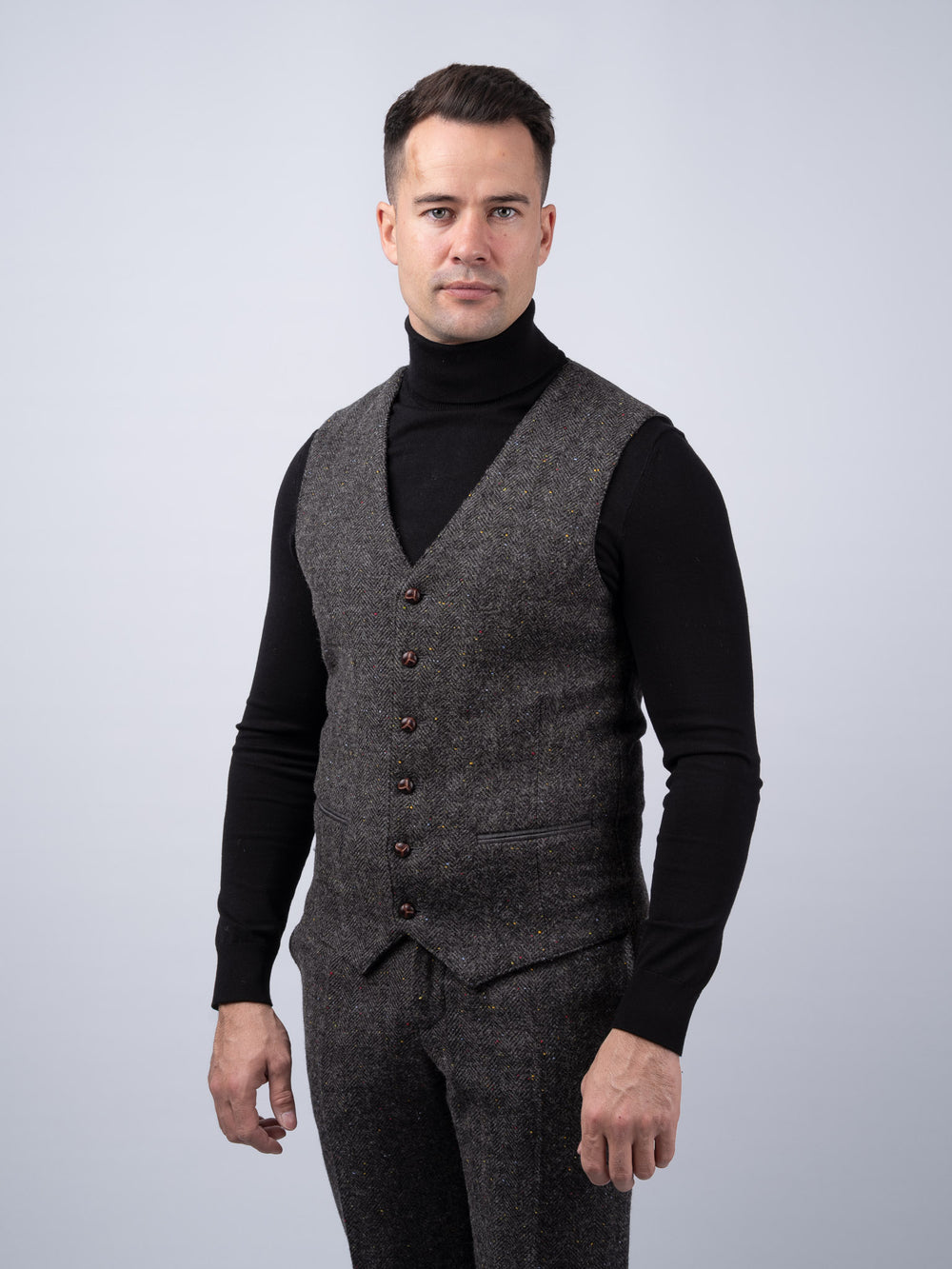 Smoke Grey Herringbone Tweed Waistcoat & Vest with Linen Trim