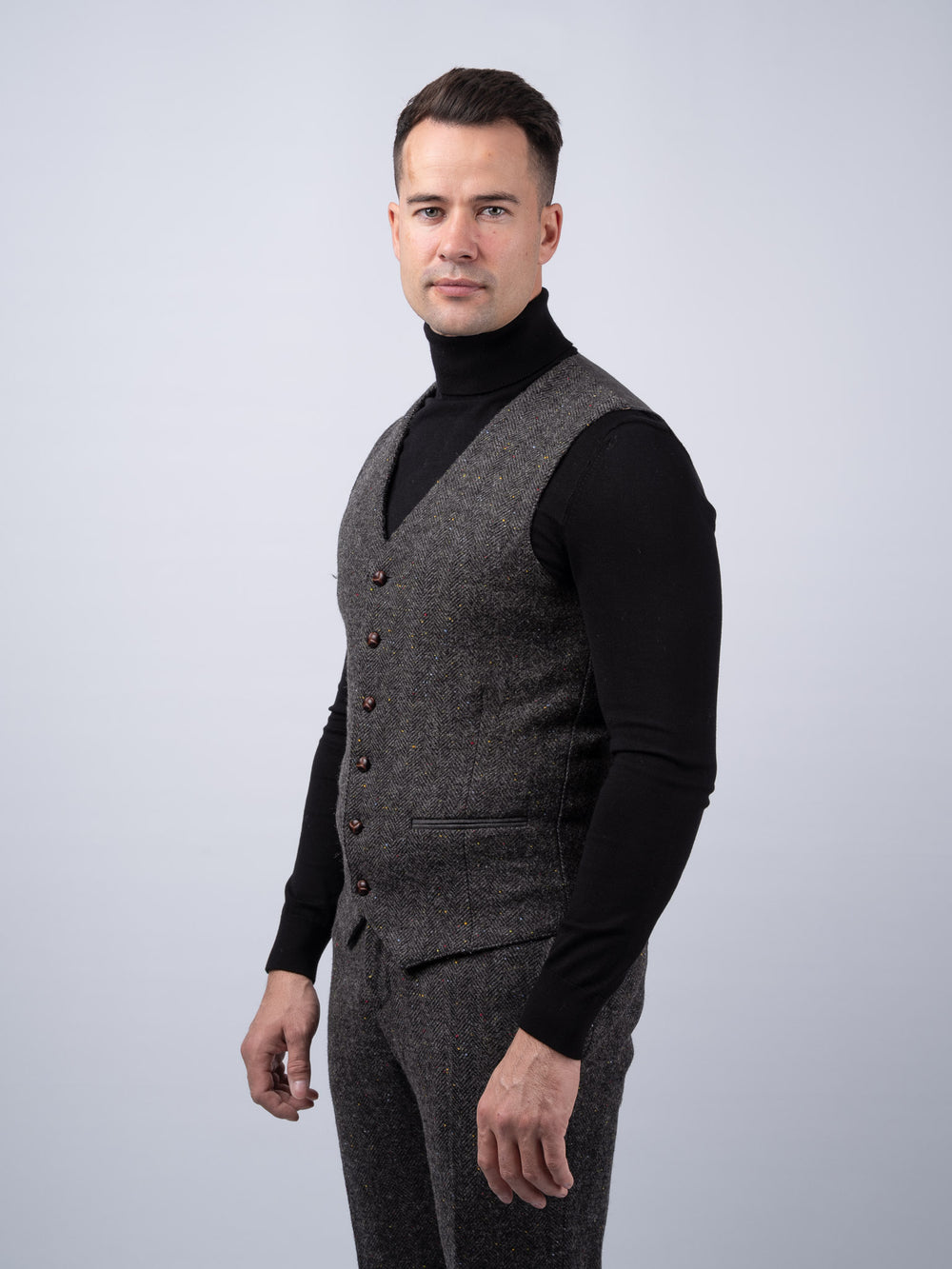 Smoke Grey Herringbone Tweed Waistcoat & Vest With Linen Back