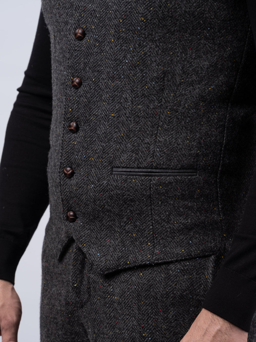 Smoke Grey Herringbone Tweed Waistcoat & Vest with Linen Trim