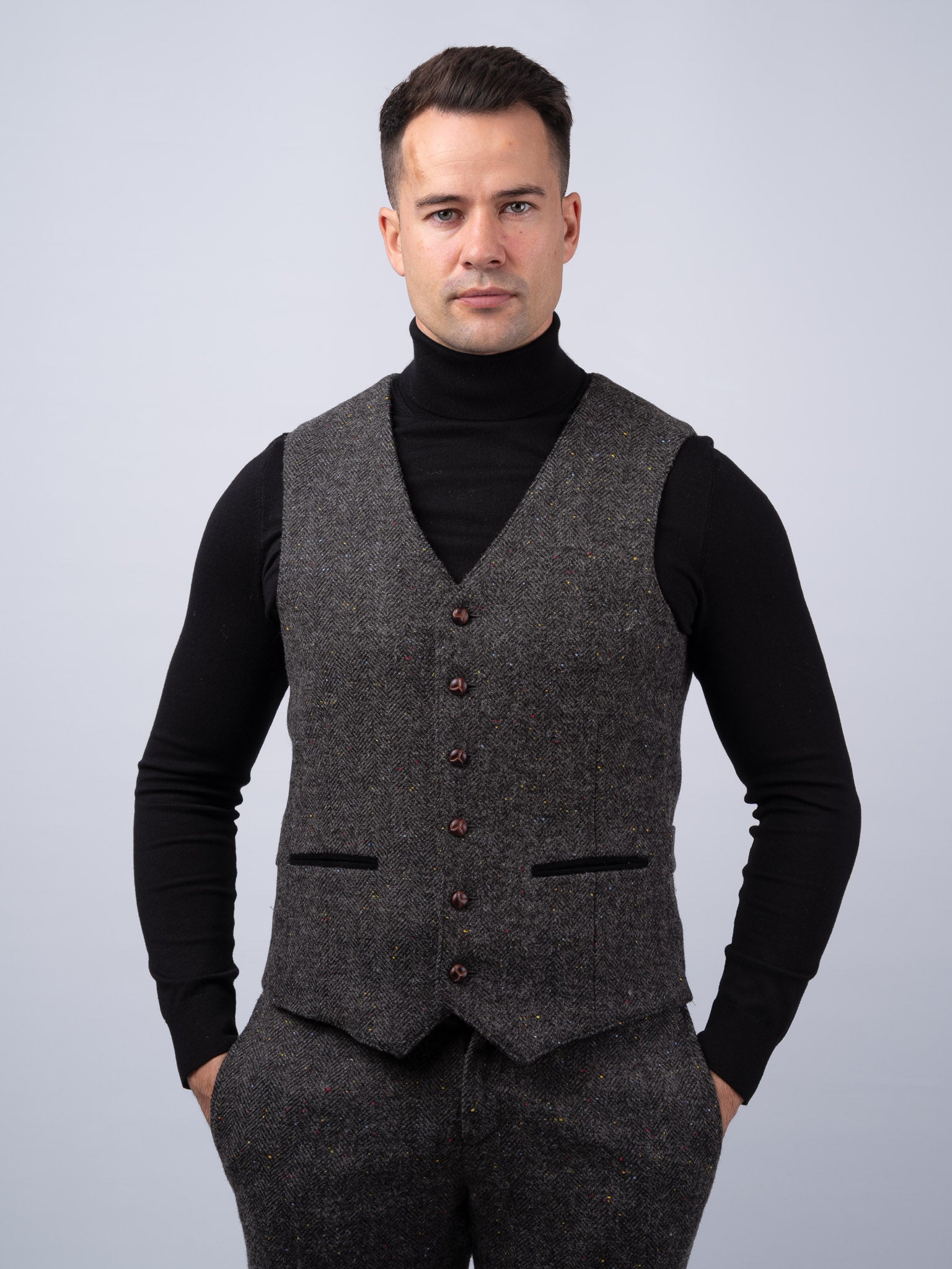 Smoke Herringbone Tweed Waistcoat & Vest with Moleskin Trim