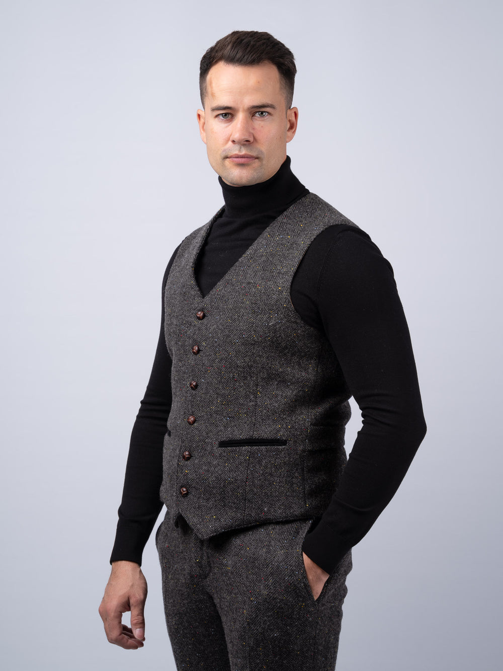 Smoke Herringbone Tweed Waistcoat & Vest with Moleskin Trim — Available to Preorder Now