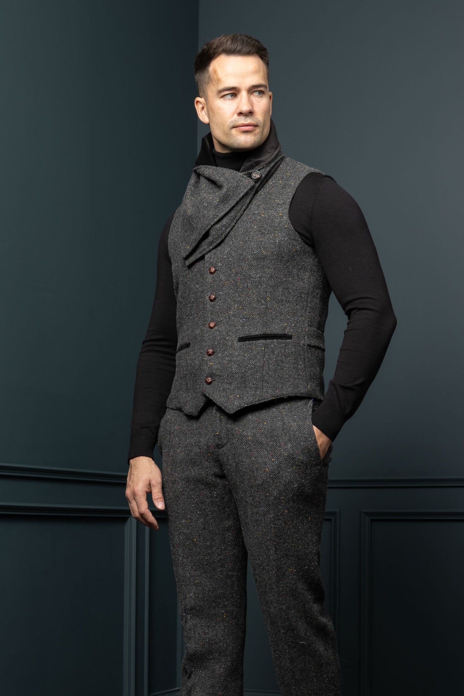 Smoke Herringbone Tweed Waistcoat & Vest with Moleskin Trim