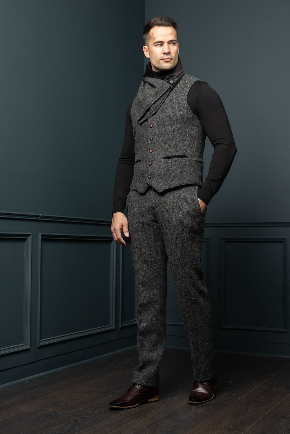 Smoke Grey Herringbone Tweed Waistcoat & Vest with Moleskin Trim