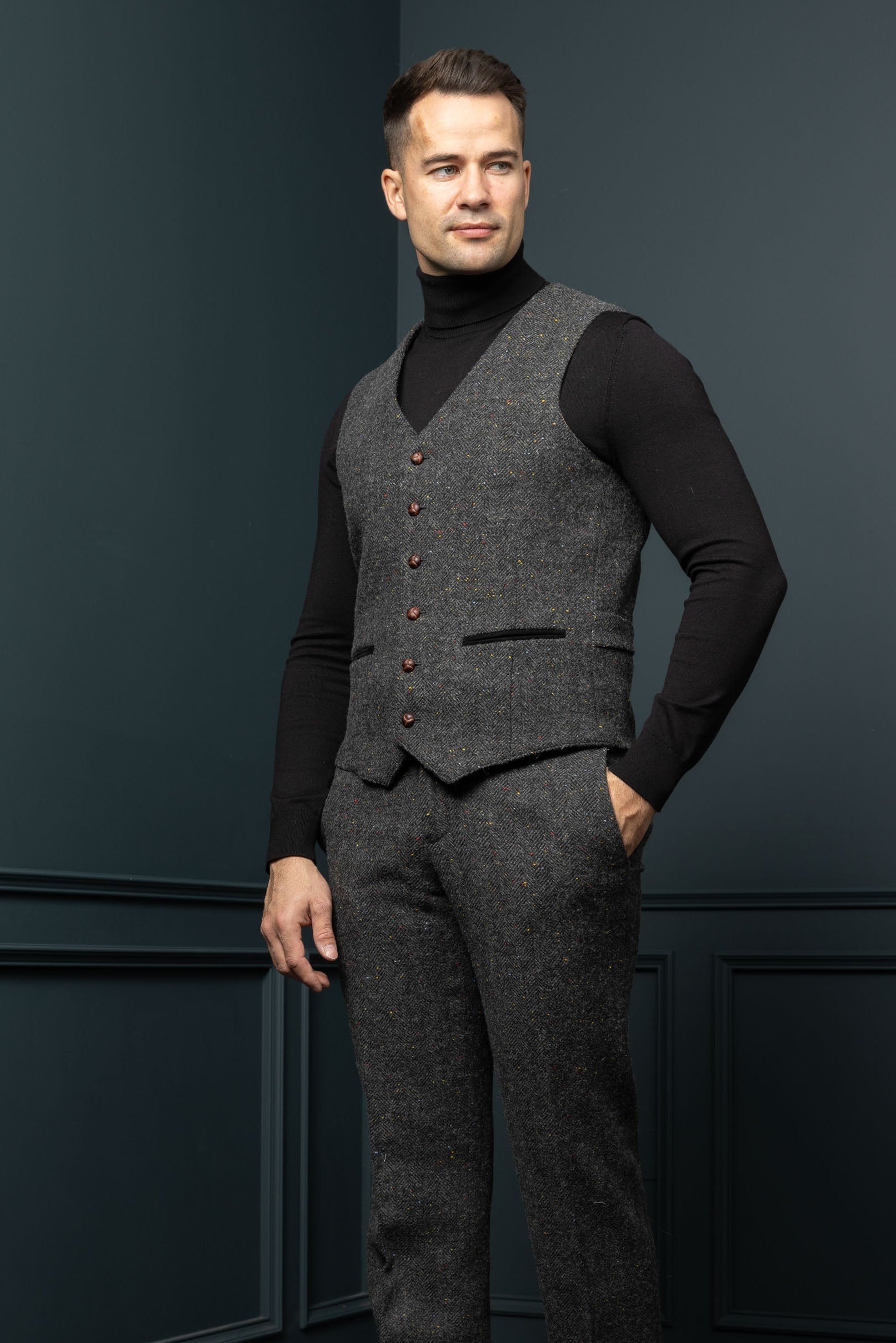 Smoke Herringbone Tweed Waistcoat & Vest with Moleskin Trim