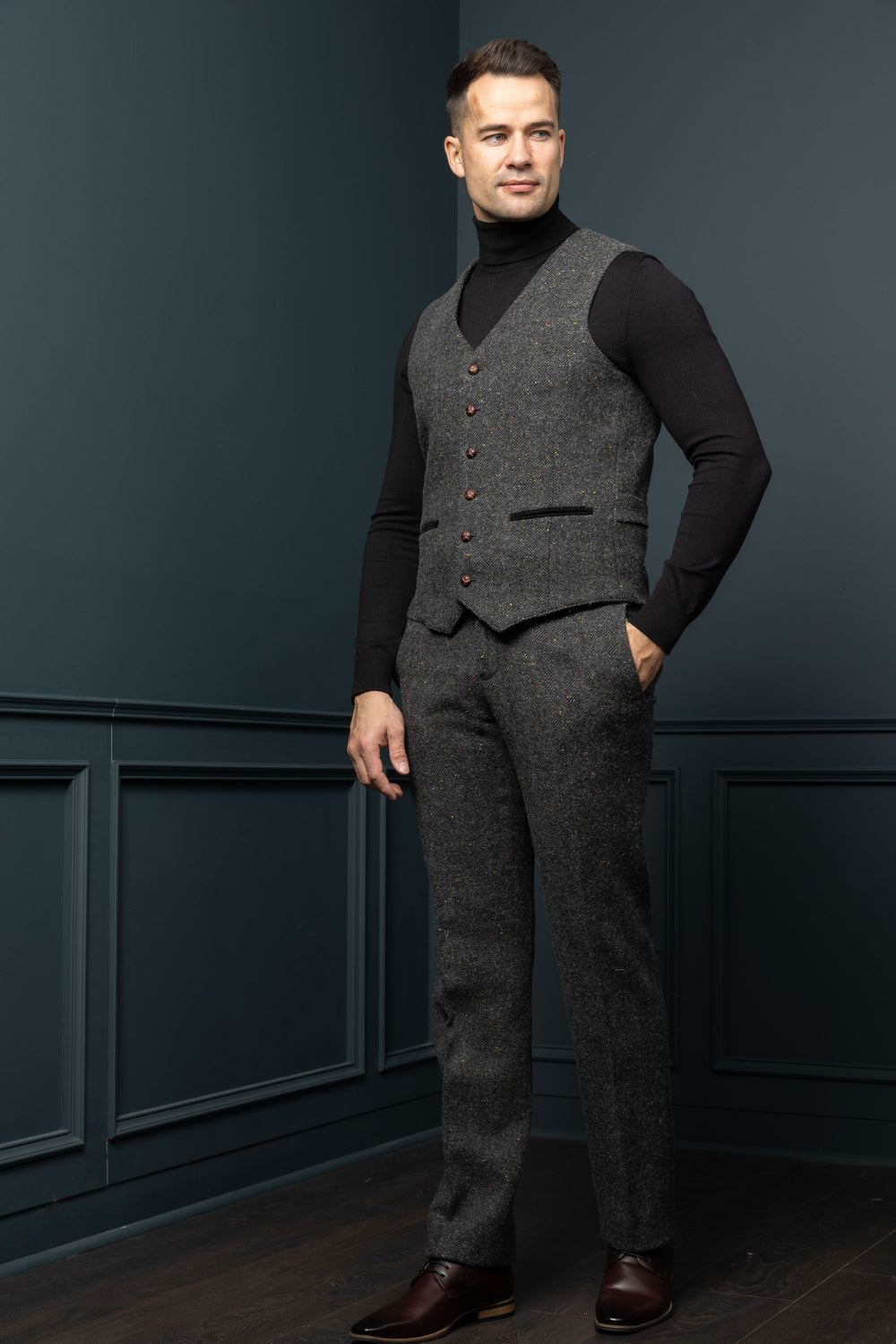 Smoke Grey Herringbone Tweed Waistcoat & Vest with Moleskin Trim