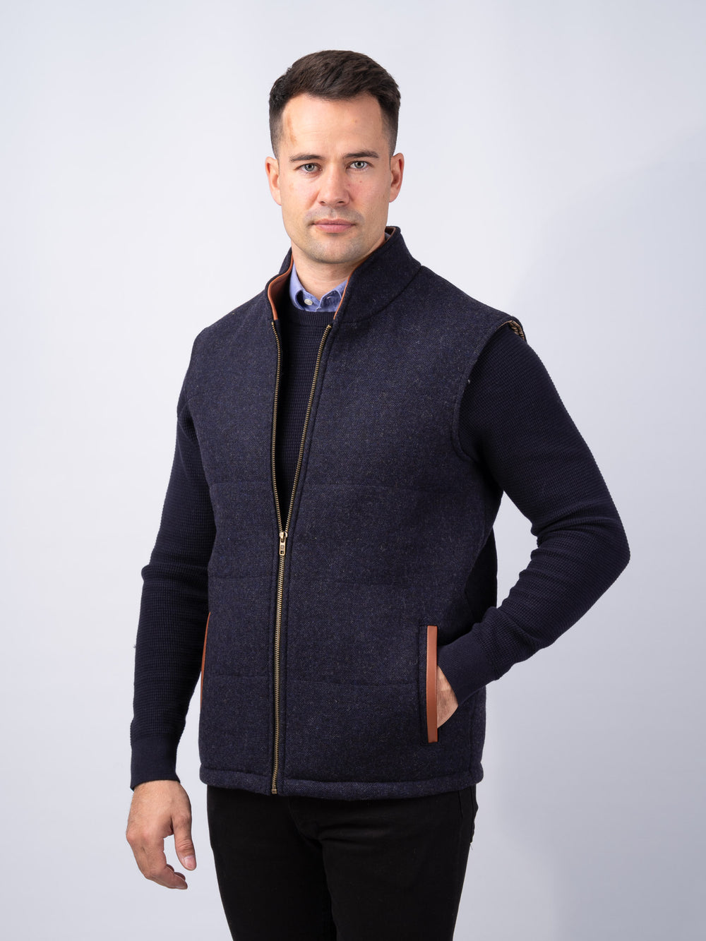 Navy Tweed Bodywarmer with Leather Trims