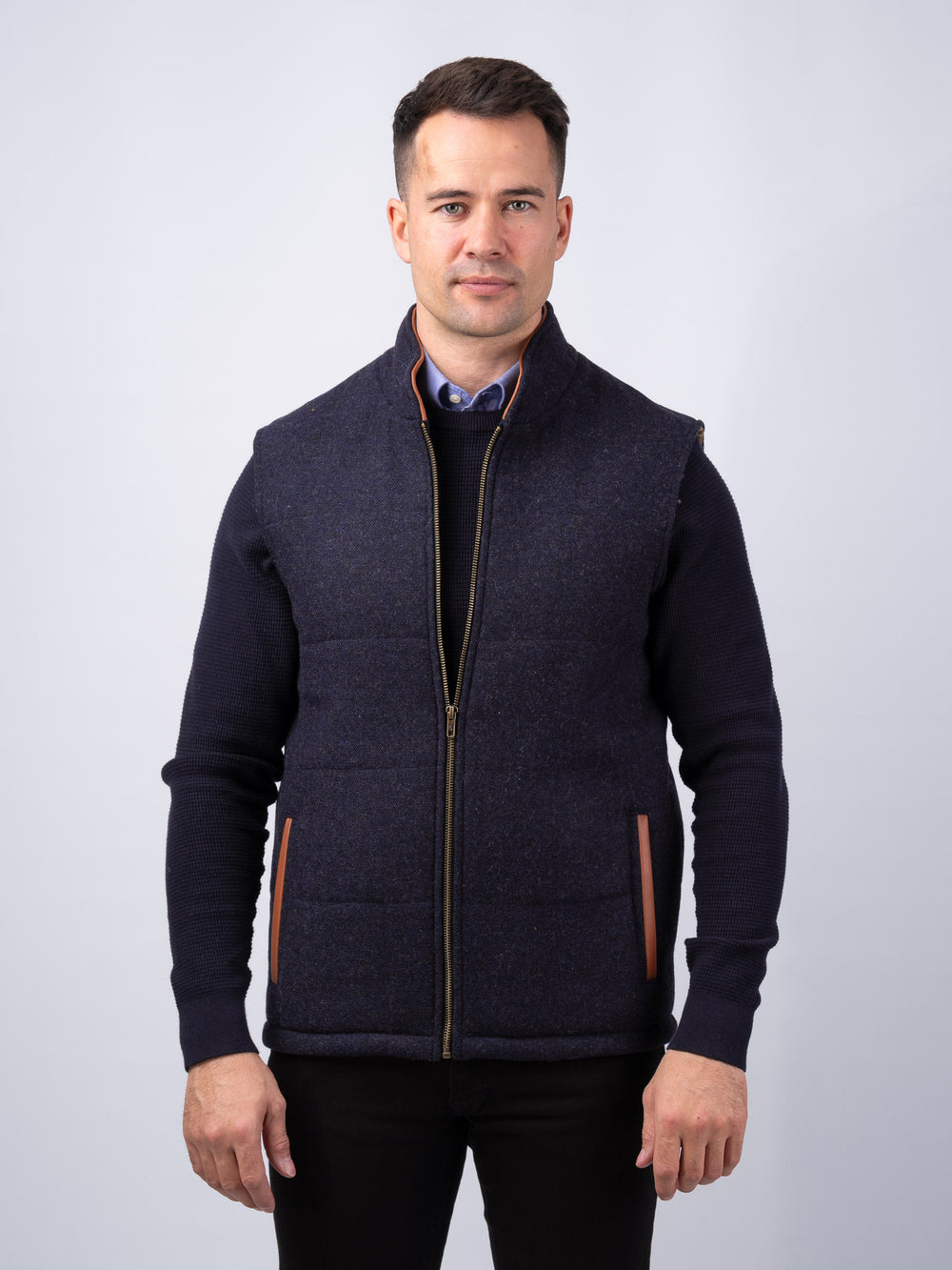 Navy Tweed Bodywarmer with Leather Trims