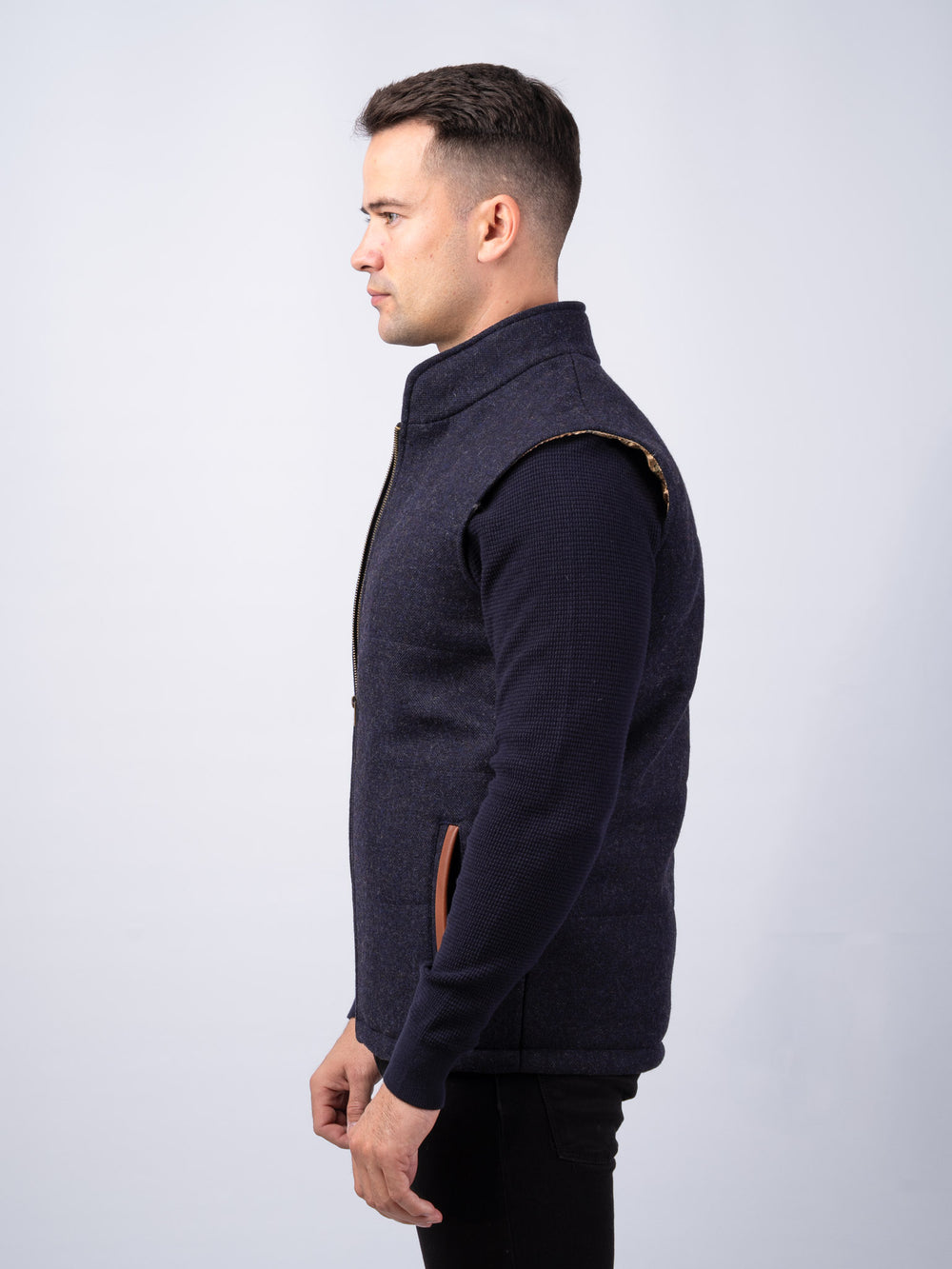 Navy Tweed Bodywarmer with Leather Trims