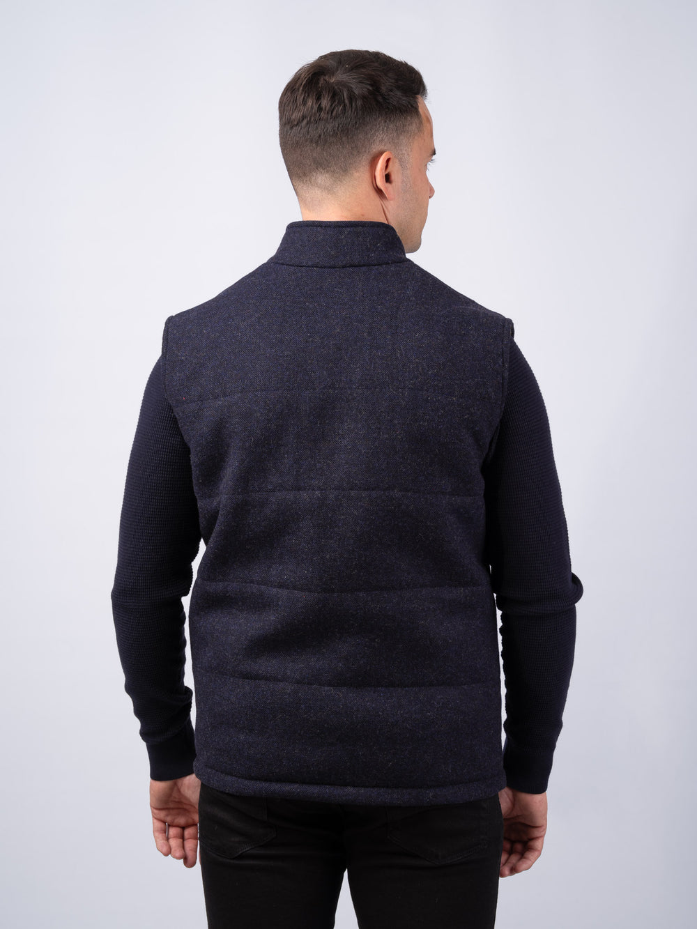 Navy Tweed Bodywarmer with Leather Trims