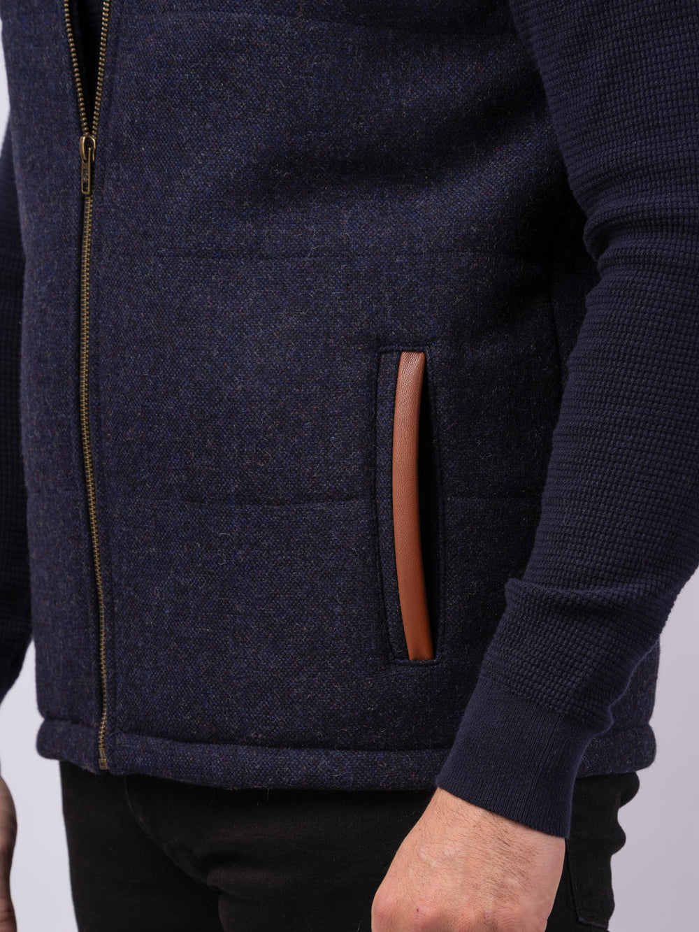 Navy Tweed Bodywarmer with Leather Trims
