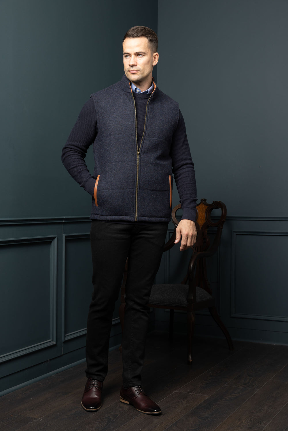 Navy Tweed Bodywarmer with Leather Trims