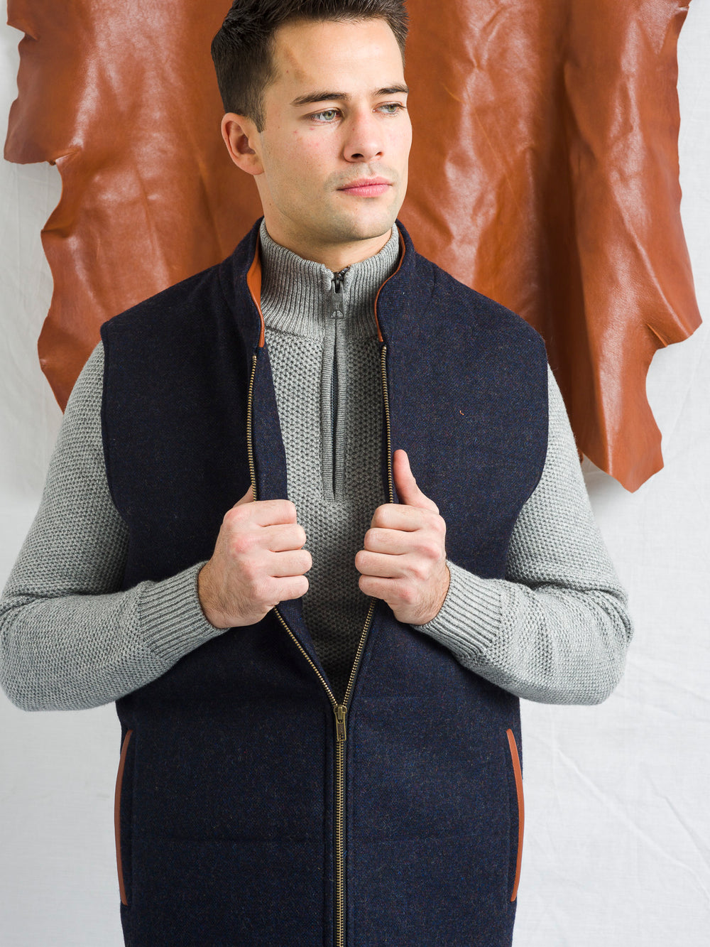 Navy Tweed Bodywarmer with Leather Trims