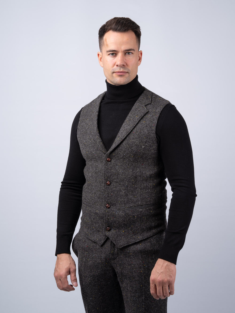 Smoke Herringbone Tweed Waistcoat with Revere With Linen Back