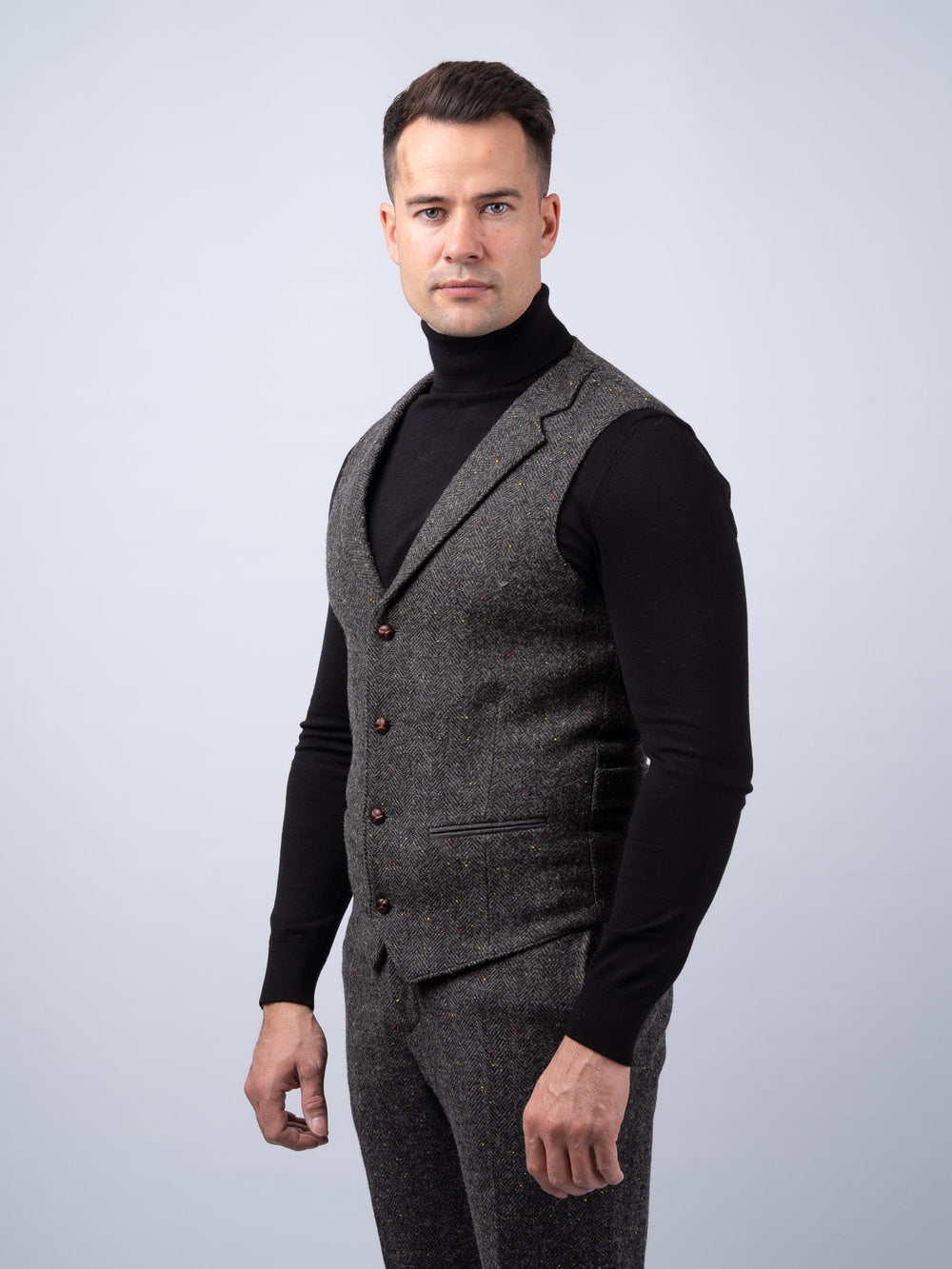 Smoke Herringbone Tweed Waistcoat with Revere With Linen Back