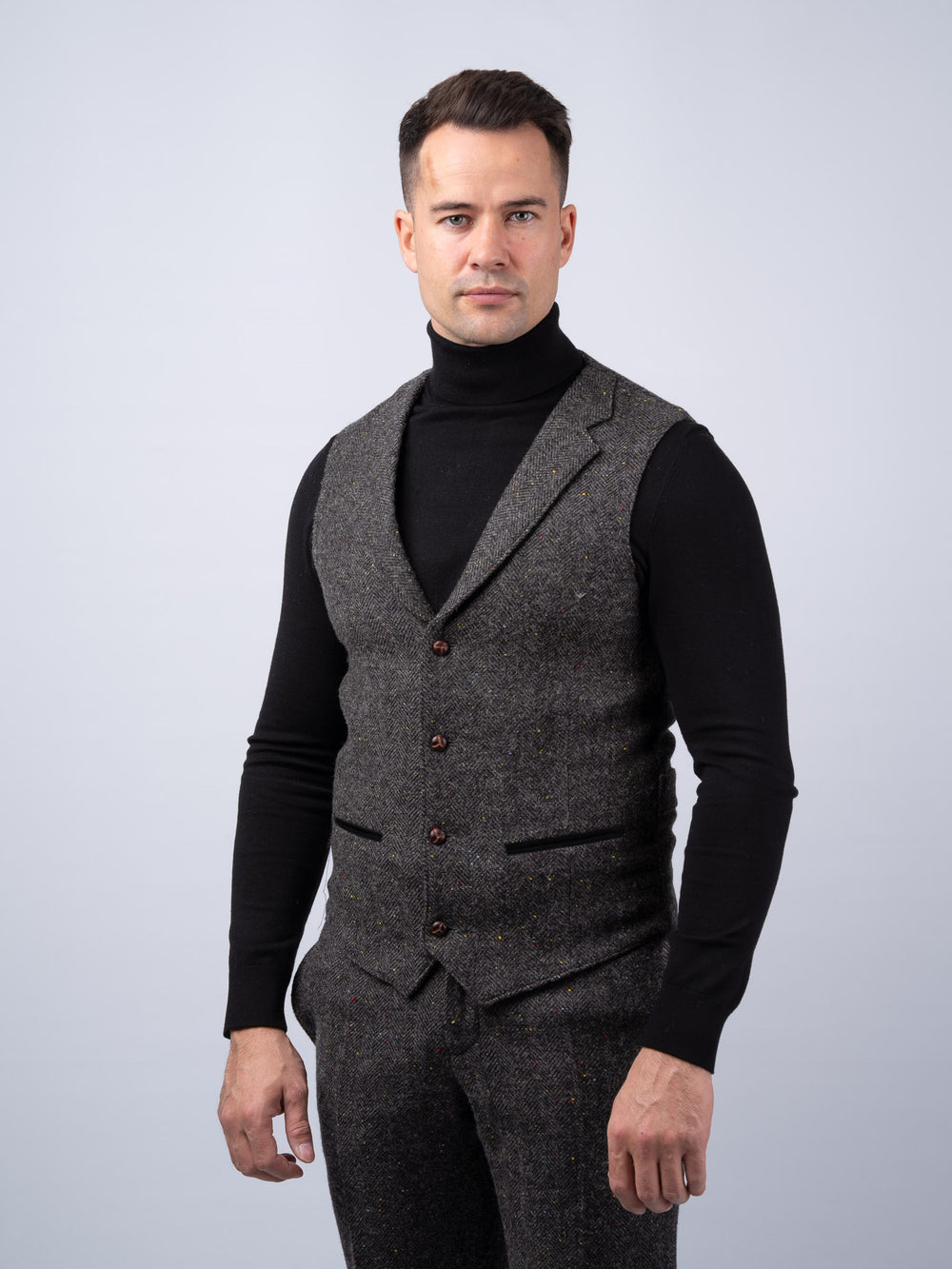 Smoke Herringbone Tweed Waistcoat with Revere With Moleskin Trim
