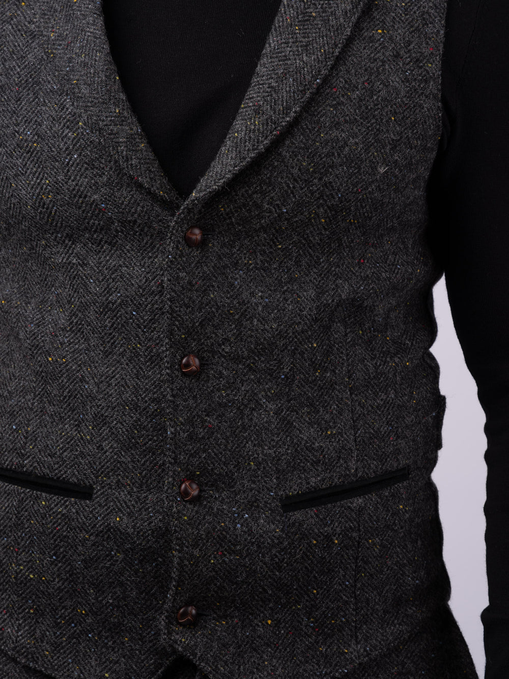 Smoke Herringbone Tweed Waistcoat with Revere With Moleskin Trim