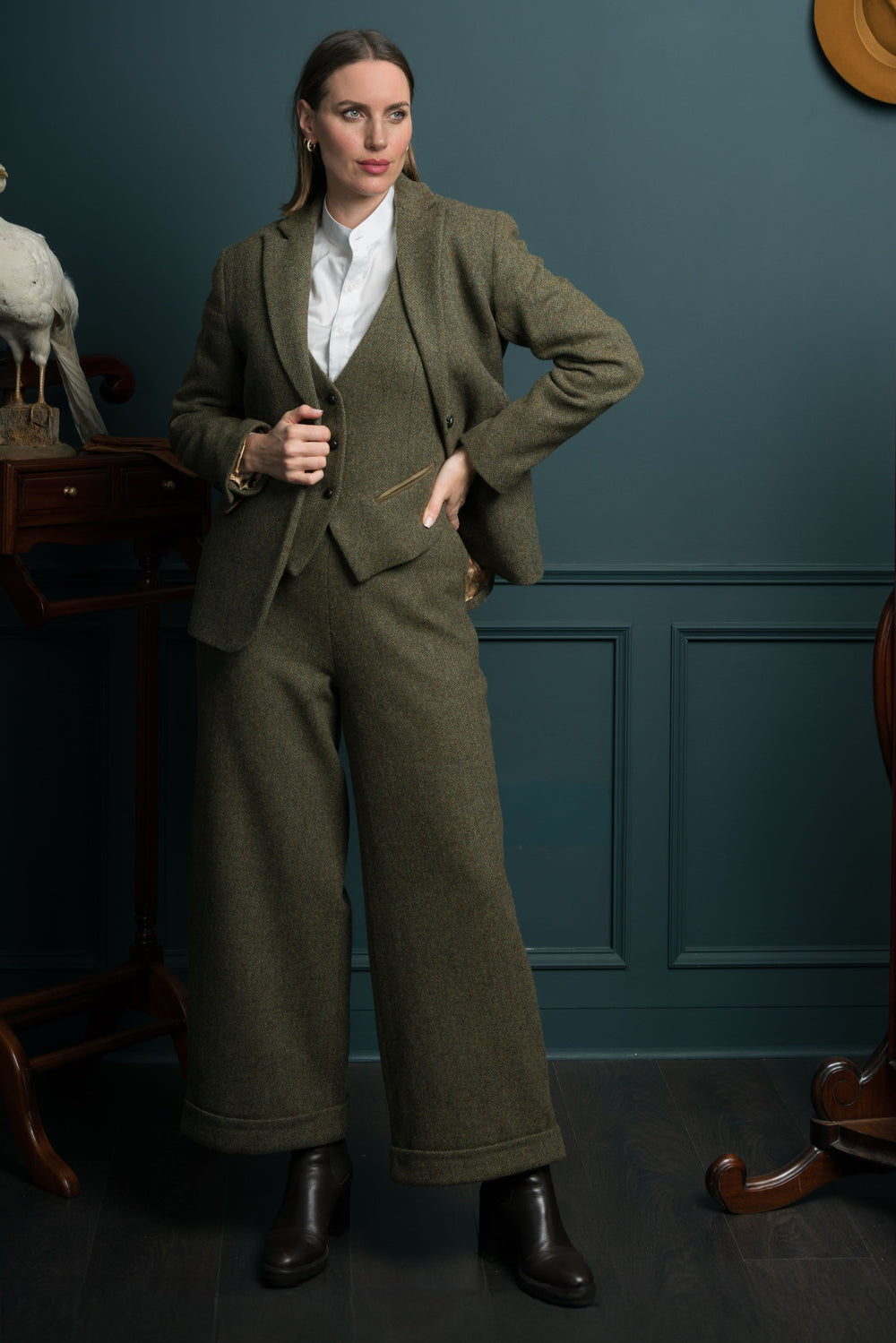 Women's Moss Herringbone Green Three Piece Suit