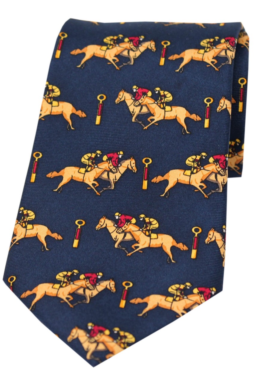 Racing Jockeys Past The Post On Navy Ground Country Silk Tie