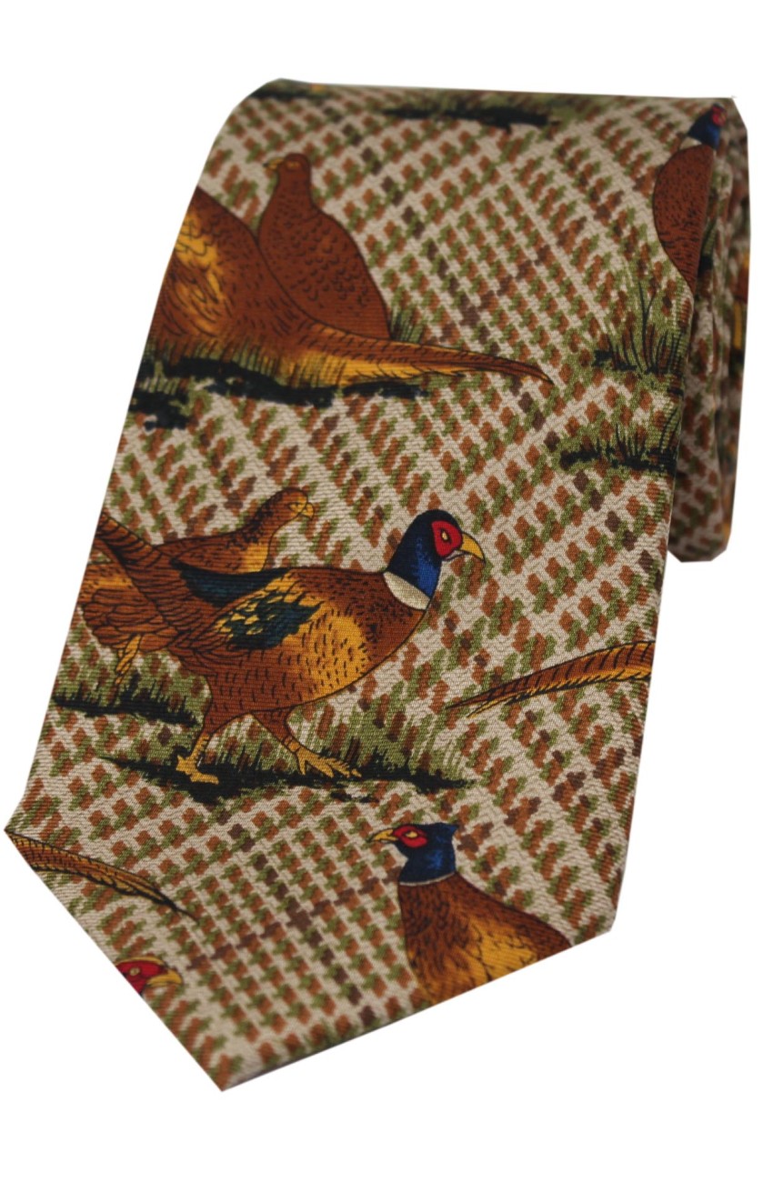 Standing Pheasants On Tweed Ground Country Silk Tie