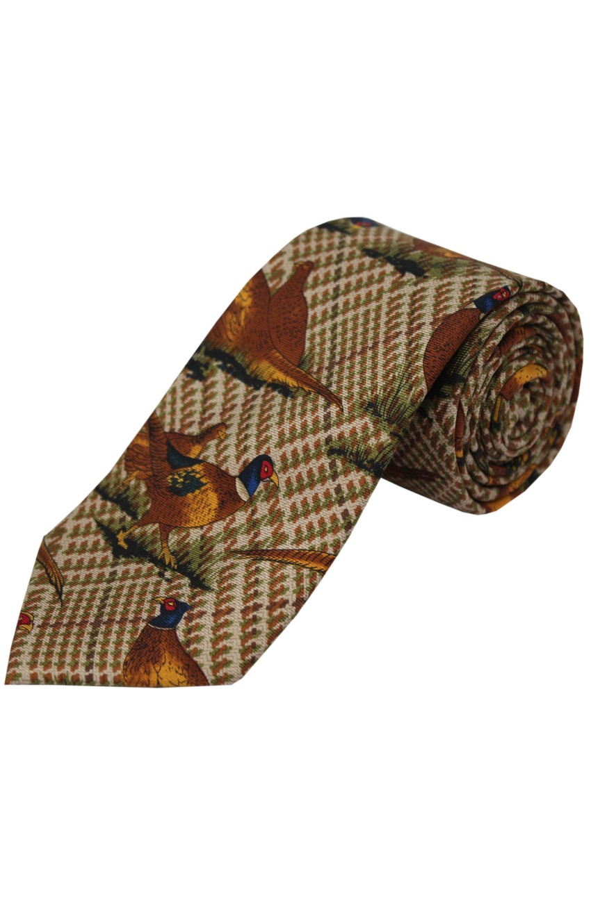Standing Pheasants On Tweed Ground Country Silk Tie